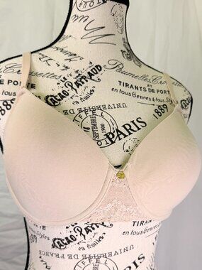 Natori Beige T-Shirt Bra 38B Underwire Lightly Lined Lace Trim